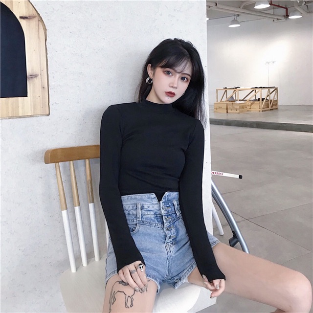 Áo dài tay ulzzang áo cotton nữ cổ cao nhiều màu đen trắng nâu trơn | BigBuy360 - bigbuy360.vn