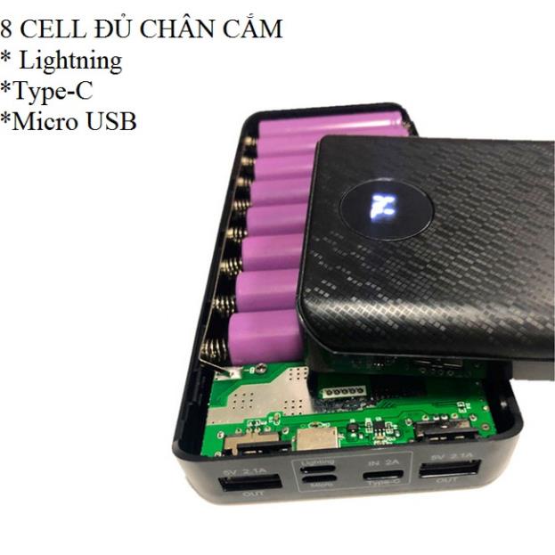 Box sạc dự phòng 8 cell 3 đầu vào Lightning\Type C\Microusb, mạch sạc pin 18650, pin dự phòng