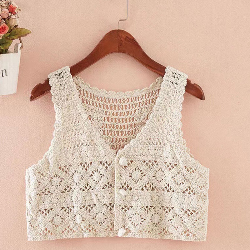 Ivy Áo Tank Top Dệt Kim Ngắn Gọn Nhẹ Khoét Lỗ Hình Học Cài Nút Hình Học Có Nút Áo Khoác Cardiganiga Cho Nữ