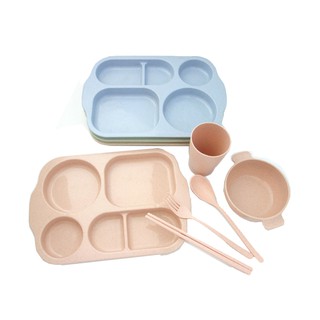 Sét khay lúa mạch kèm cốc bát đĩa đũa thìa đựng đồ ăn.