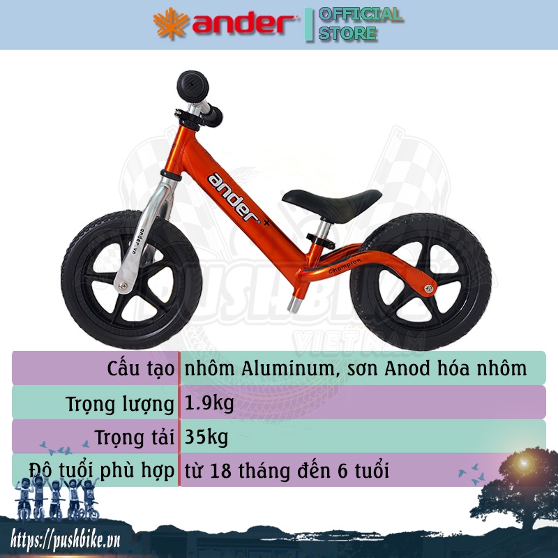 Xe thăng bằng cho bé Ander Plus - Hợp kim nhôm Aluminium, sơn anod hóa nhôm, nặng 1.9kg