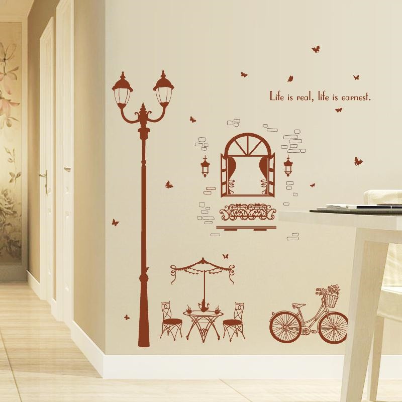 Decal dán tường khung cảnh đường phố ( cửa sổ,xe đạp mới)