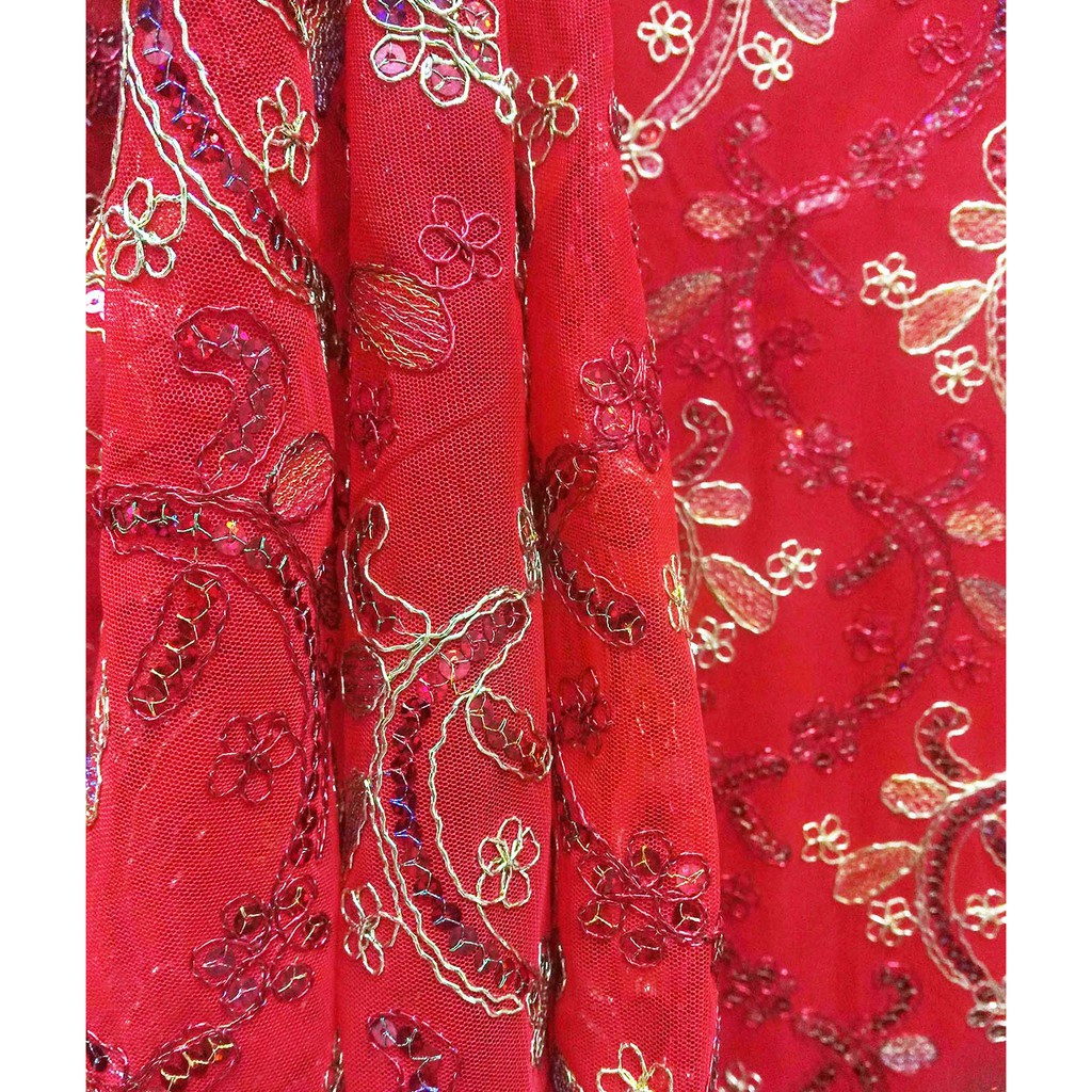 Vải áo dài cưới chất liệu ren 4 tà kết hoa, đính kim sa đỏ Mã B202