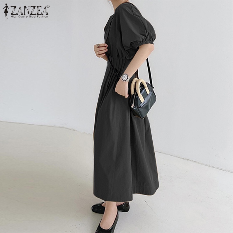 Đầm Zanzea dài tay cổ V tay ngắn phồng xếp ly thời trang cho nữ