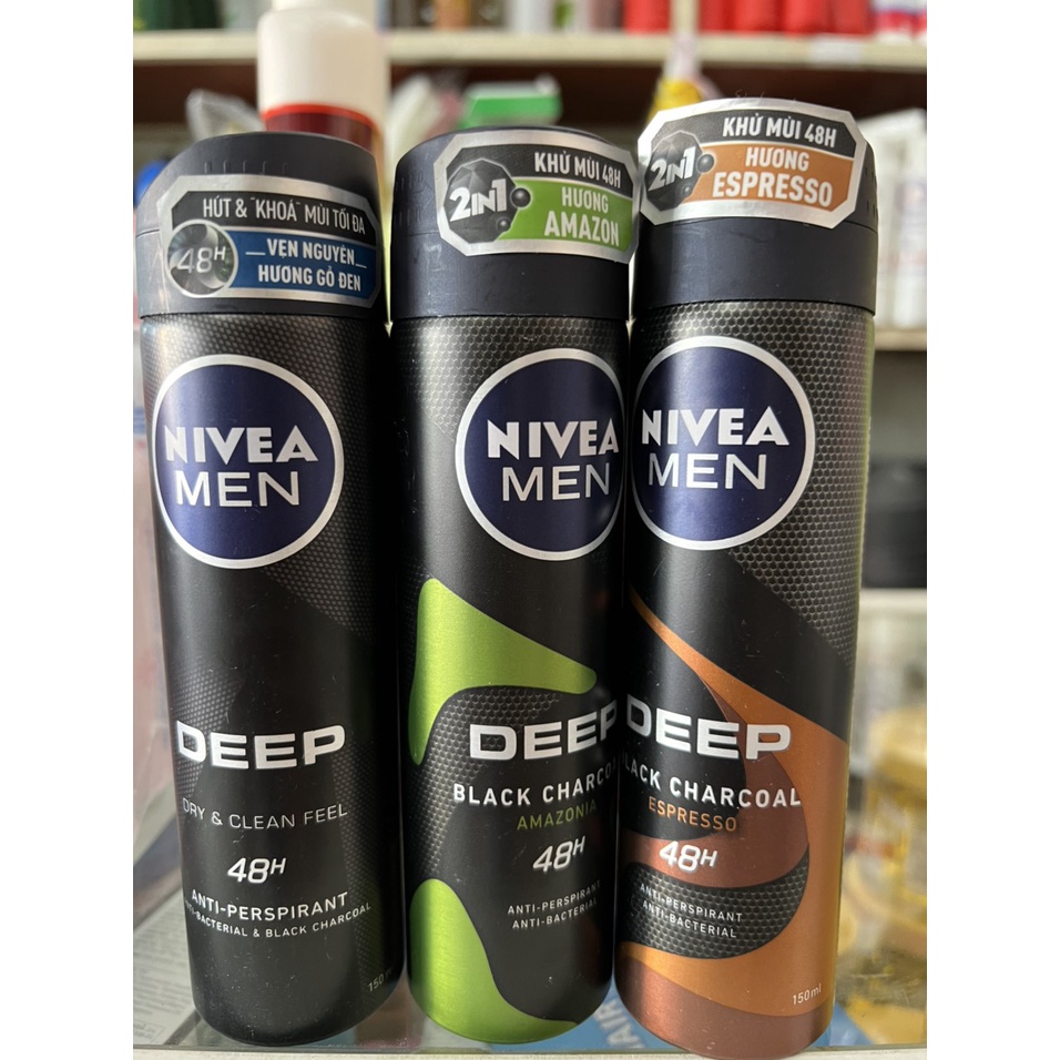 NIVEA Xịt Khử Mùi Cho Nam Nivea Than Hoạt Tính Hương Espresso 150ml Deep Black Car đủ mùi -mẫu mới  liu giữ huong thơm l