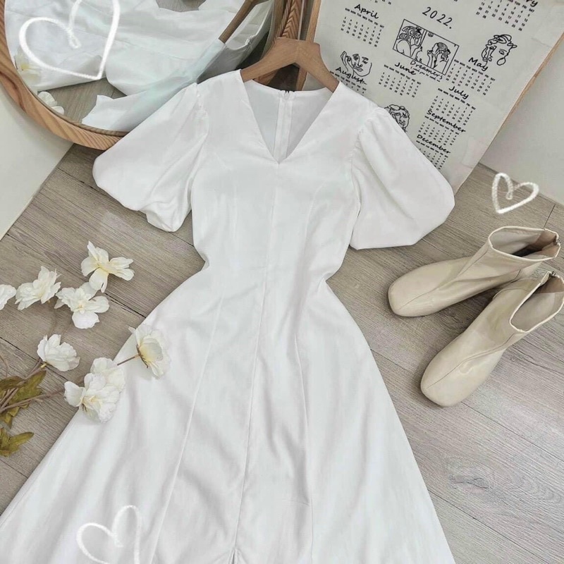 Đầm Midi cổ V tay bồng xẻ 3 màu (Ảnh thật/Video)