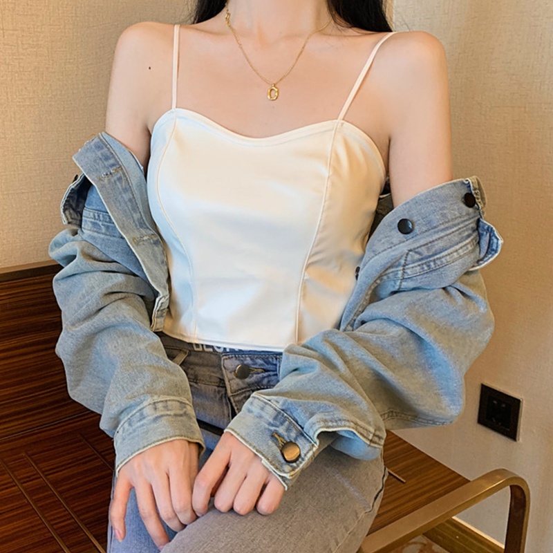 Brroa Áo Croptop Giả Da Hai Dây Cổ Thấp Có Đệm Ngực Gợi Cảm