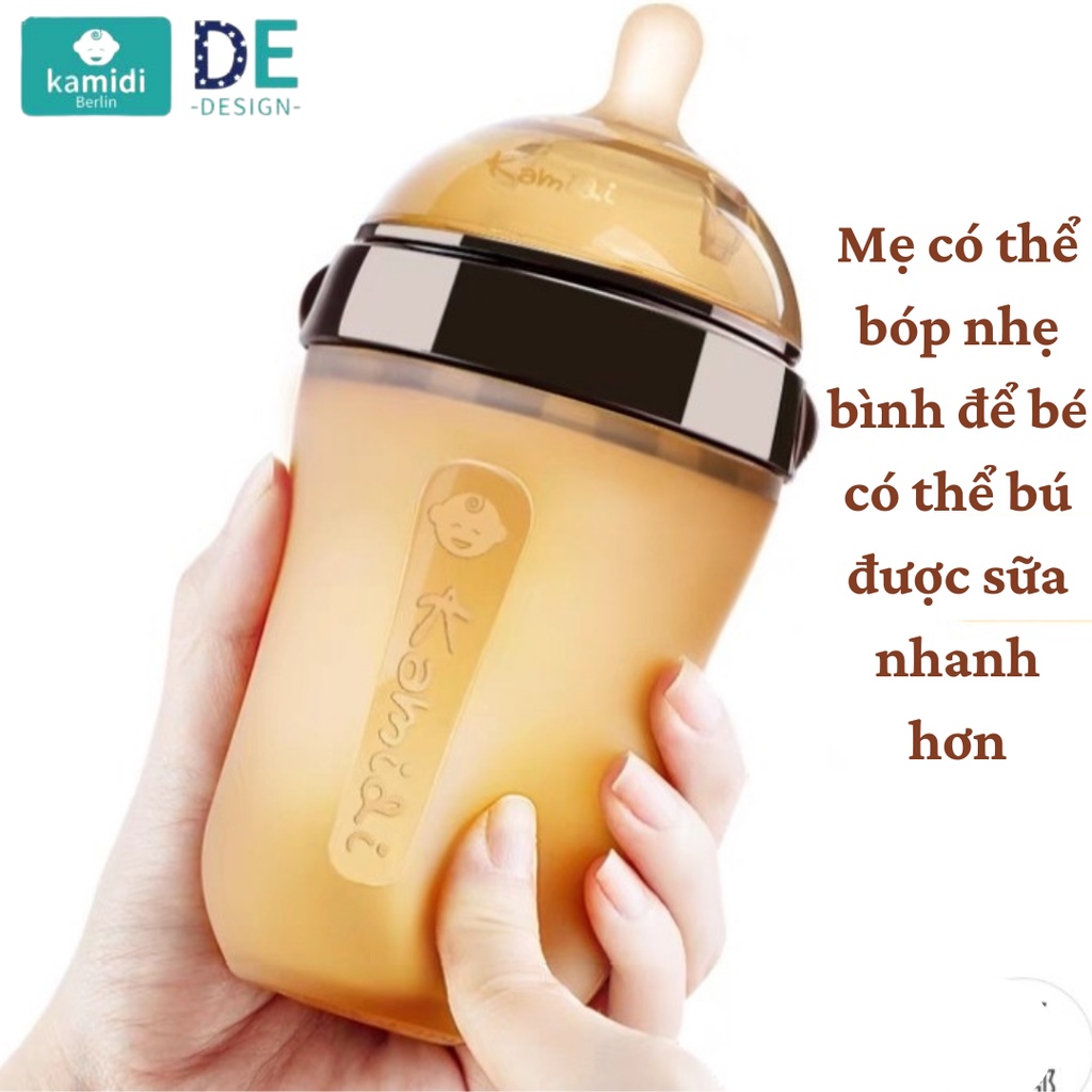 Bình sữa silicon KAMIDI tập bú thiết kế mô phỏng đầu ti mẹ không chứa BPA 2 dung tích 150ml và 250ml