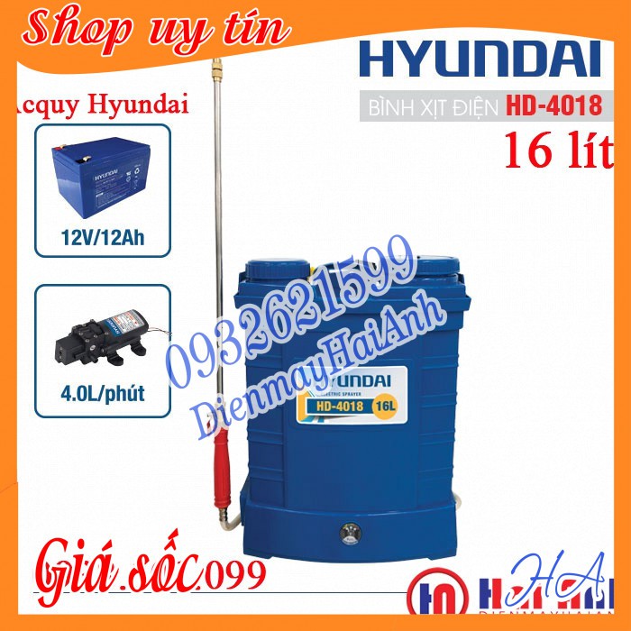 Bình phun thuốc trừ sâu mini bằng điện 16 lít Hyundai HD4018, ắcquy 12v/12Ah, cần phun đồng inox, nhiều bec. BH 6 tháng