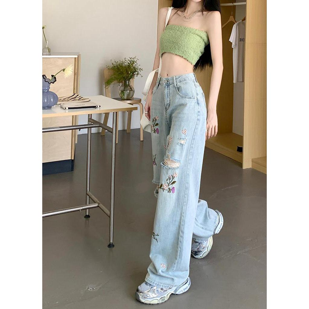 Quần Jean Ống Rộng Rách Gối Thêu Hoa Phong Cách Mới Mùa Hè 64011