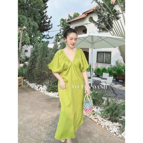 ĐẦM MAXI BIGSIZE NỮ DÁNG RỘNG VÁY SUÔNG KIỂU CÁNH DƠI TAY CHUN VÁY BẦU SUÔNG DÀI CỘT NƠ LƯNG CỔ CHỮ V THÔ LỤA MỊN
