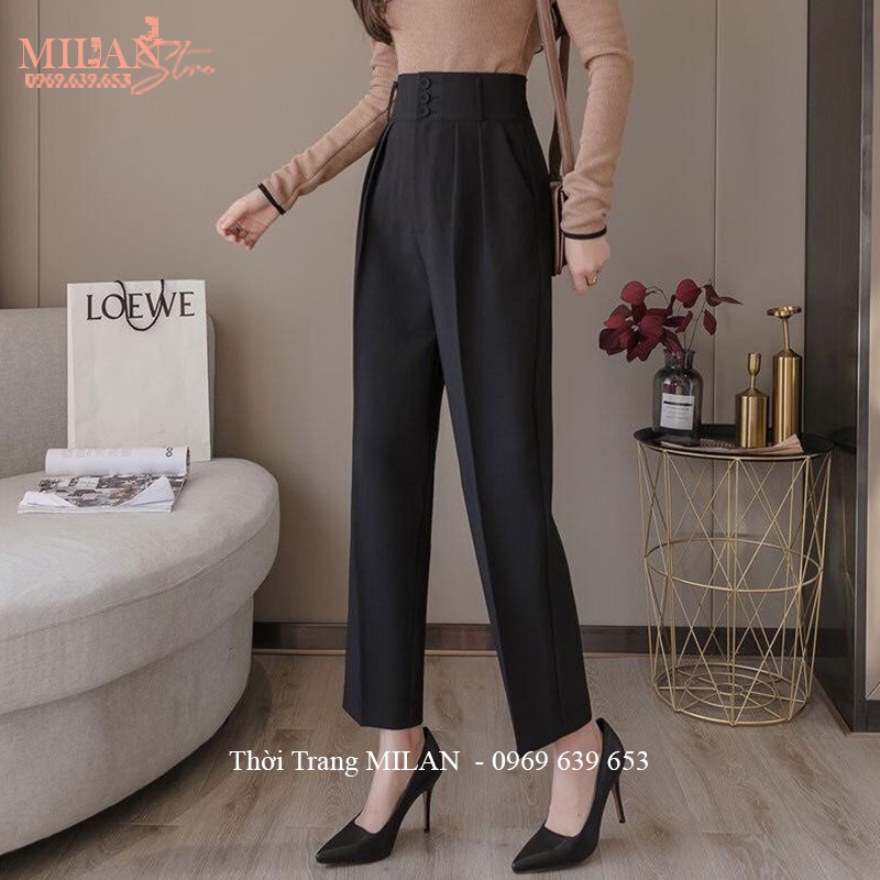 Quần baggy cạp cao công sở 3 cúc nữ bản to xếp ly có đai màu Đen Kem - Quần tây nữ lưng cao vải tuyết mưa dày đi làm học