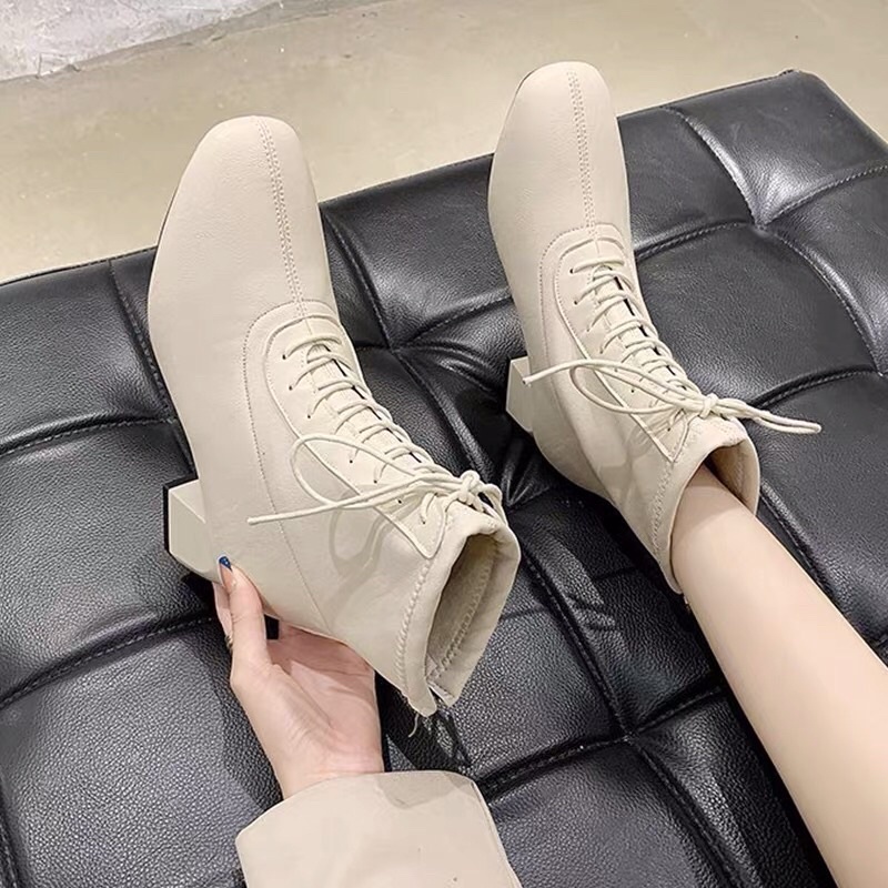 Giày Boot Nữ Cổ Cao Bốt Nữ Nhiều Dây Buộc Trước Có Khoá Kéo Sau Bên trong lót Lông