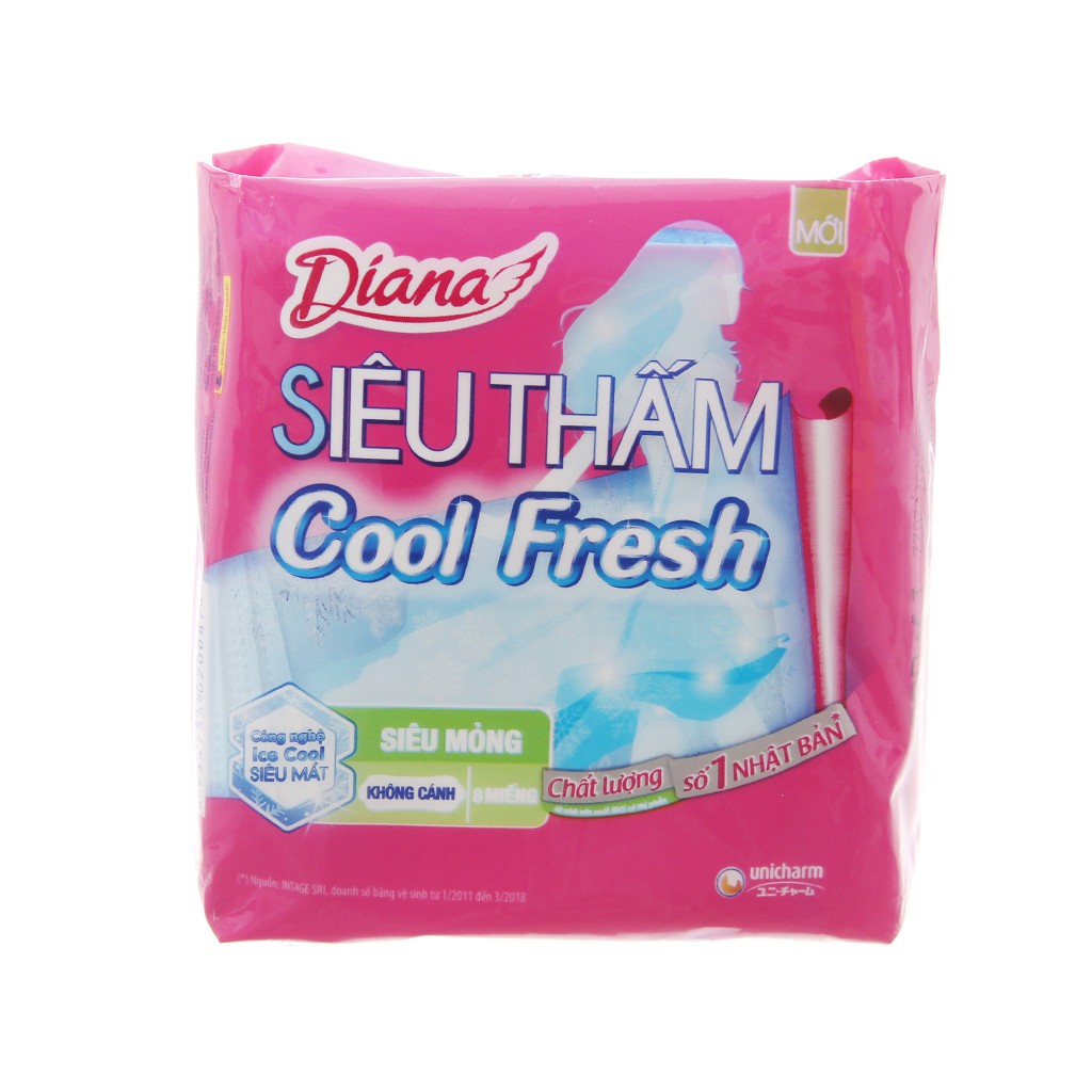 Băng Vệ Sinh Diana Siêu Thấm Cool Fresh Siêu Mỏng Không Cánh Gói 8 Miếng