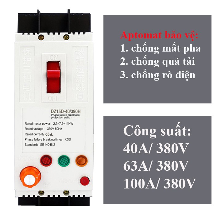 ATTOMAT CHỐNG MẤT PHA, CHỐNG MẤT DÂY TRUNG TÍNH, QUÁ TẢI, CHỐNG DÒ ĐIỆN  BẢO VỆ ĐỘNG CƠ 3 PHA 380V -