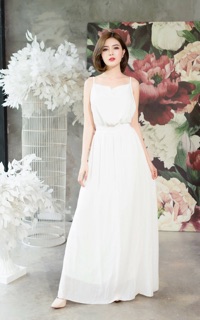 Đầm Maxi Trắng Dây Chéo Cổ Đổ