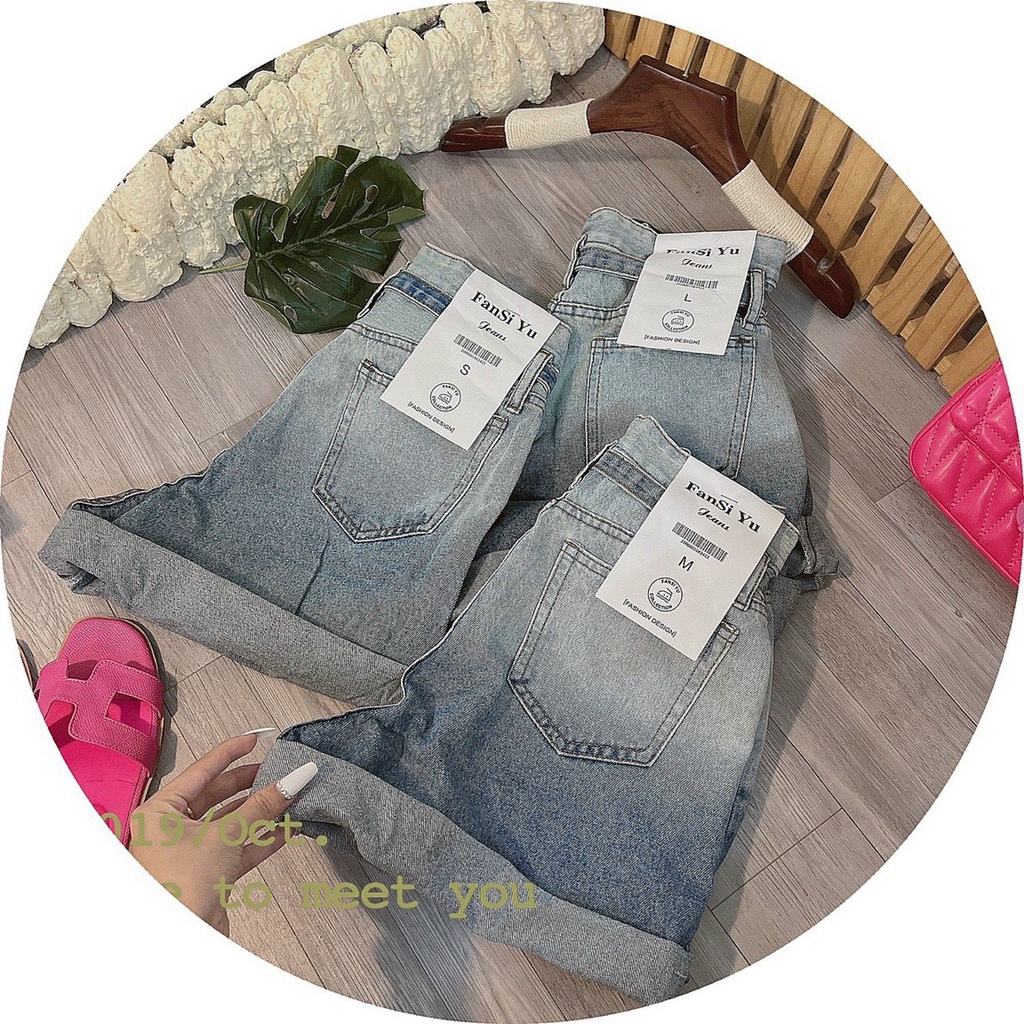 Quần short jeans cạp cao cột dây phối màu loang siêu hot, form quần gấp gấu trẻ trung