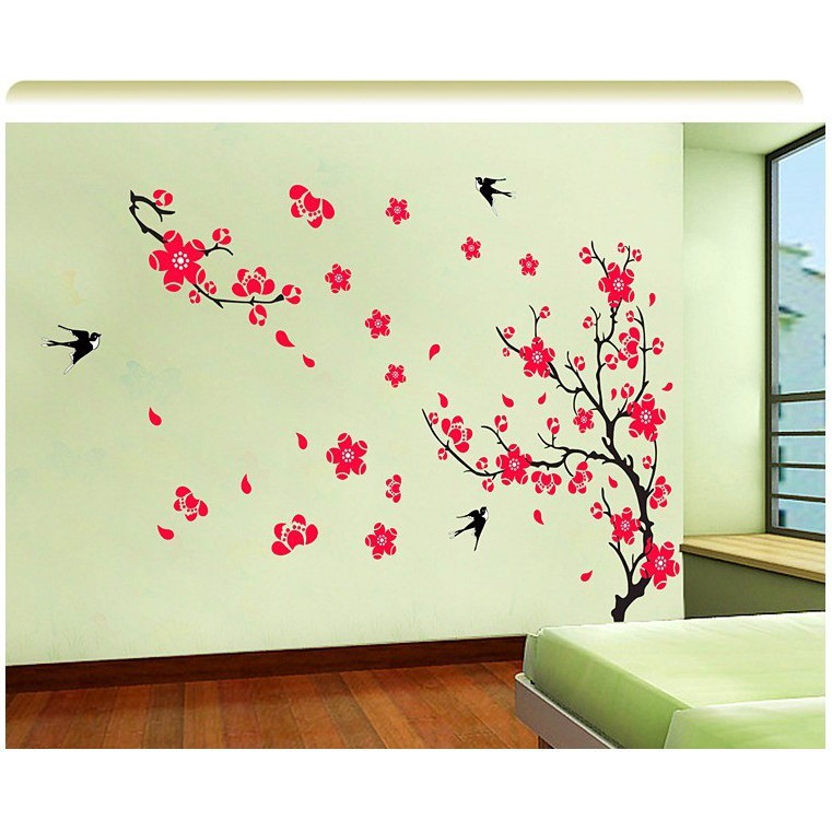 Decal trang trí, hình dán trang trí hoa đào hoa mai đỏ khổ 60*90 (mẫu 5)