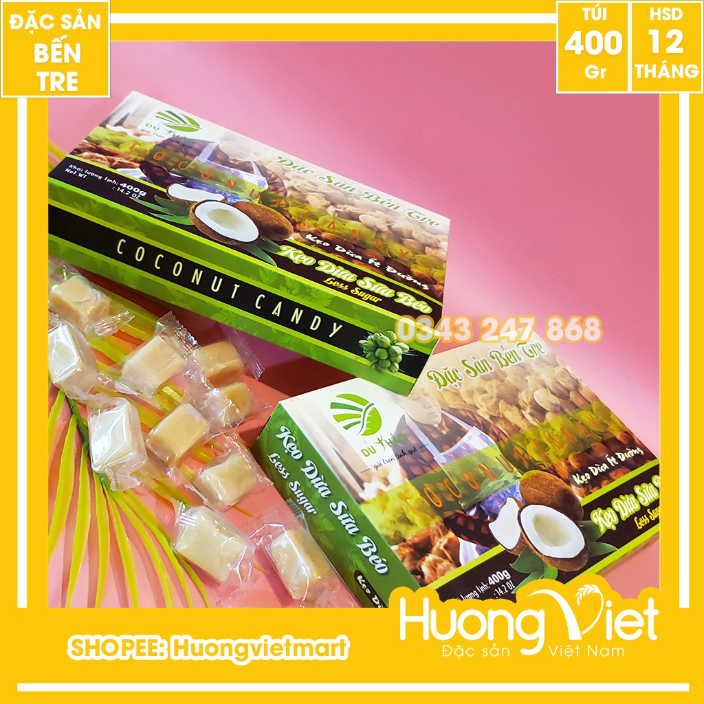 Kẹo dừa nguyên chất ít đường Du Thảo 400g, kẹo dừa Bến Tre, kẹo dừa ít ngọt