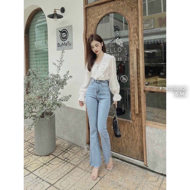 Về sll 🌺 Quần jean dài ống loe lai mài rách lưng cao! HÀNG VNX