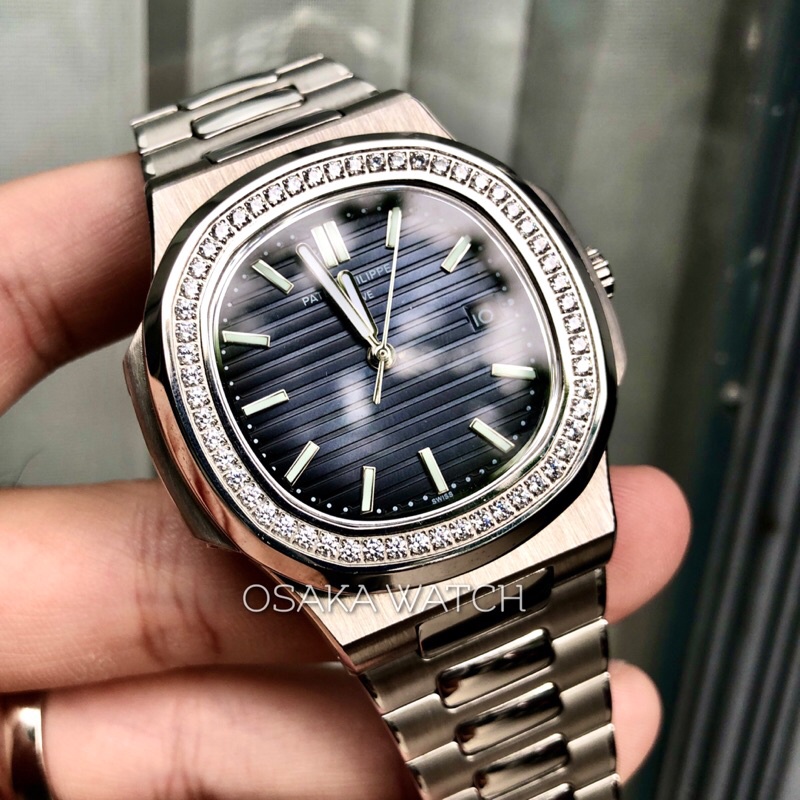 Đồng Hồ Nam Cơ Automatic PP GENEVA Nautilus PT8168KL Viền Kim Cương Dây Kim Loại Lịch Ngày Hàng Chuẩn Cao Cấp - Màu Xanh