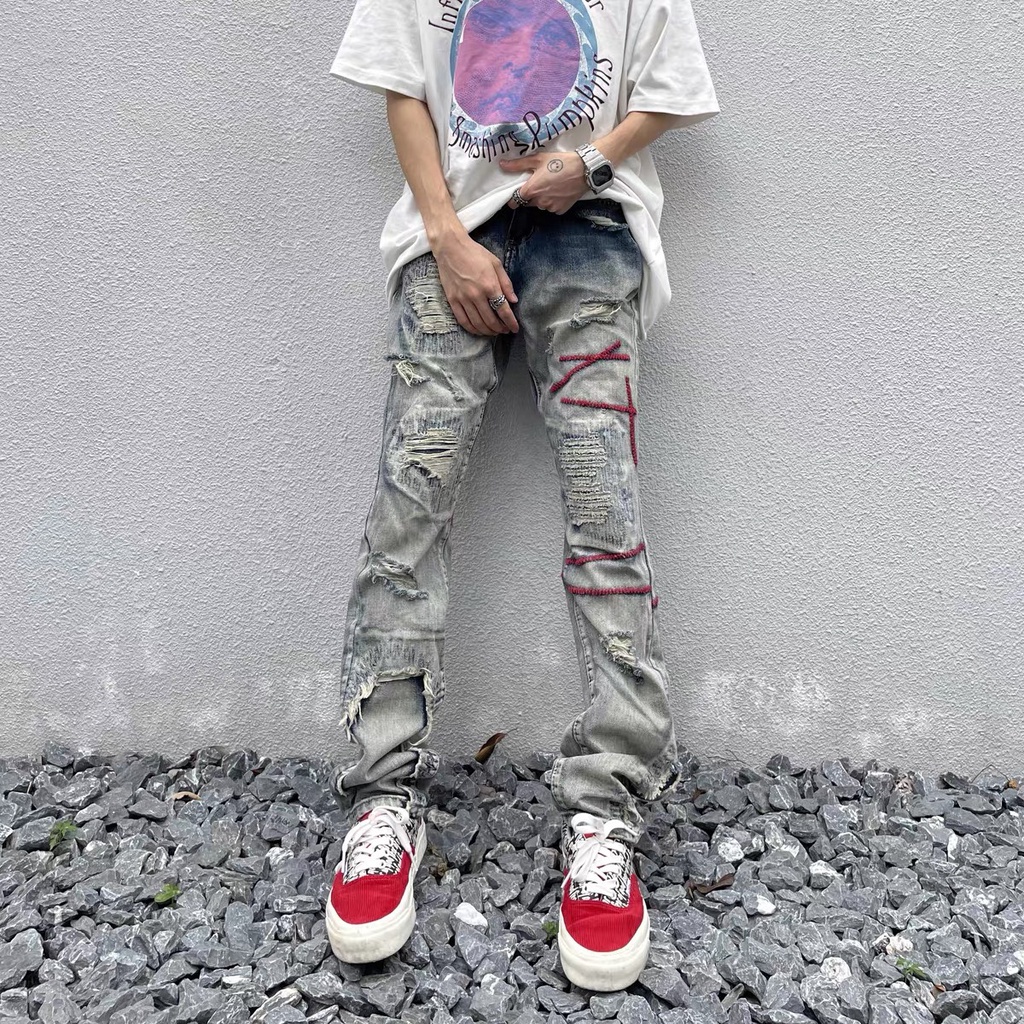 Quần jean nam nữ Unisex rách gối họa tiết thêu phong các đường phố,quần Miuzi DT115