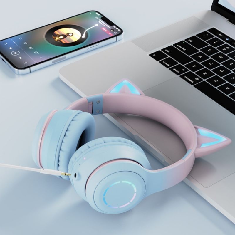 (mới về hót nhất)Tai Nghe Bluetooth Chụp Tai không Dây Gaming Tai Mèo Cực Xinh, Có Kèm Dây Cắm Máy Tính