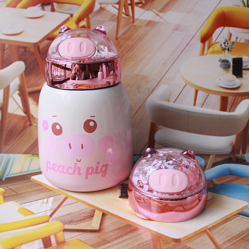 Bình giữ nhiệt thú cưng heo gấu hồng dễ thương nắp lấp lánh inox304 dung tích 330ml