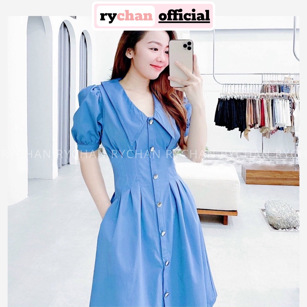 Đầm Nữ Dự Tiệc Dáng Sơ Mi Tay Ngắn Phồng Xếp Li Eo Tôn Dáng Cực Màu Xanh Vàng - DX9791