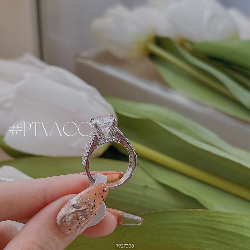 Nhẫn xi bạch kim đơn giản, nhẫn nữ đá tròn basic .PTNACC.