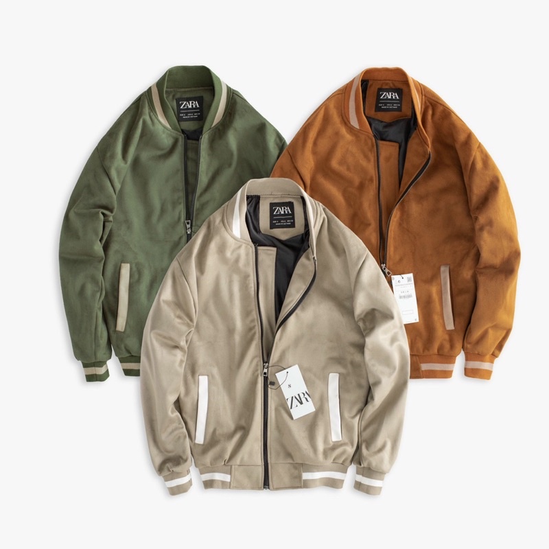 Áo khoác Bomber Jacket da lộn ZR phối viền chất da dày ấm