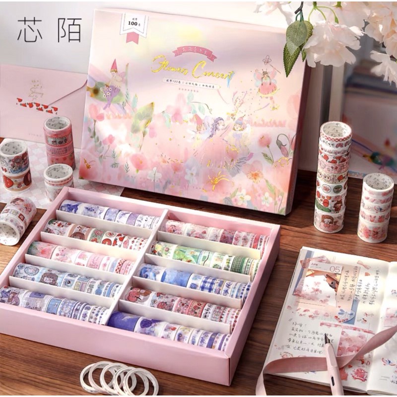 Hộp 100 cuộn washi tape dễ thương (có tách lẻ 20 cuộn)