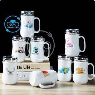 Ly Cốc Sứ Quai Cầm Nắp Tráng Gương In Hình Ngộ Nghĩnh M1653