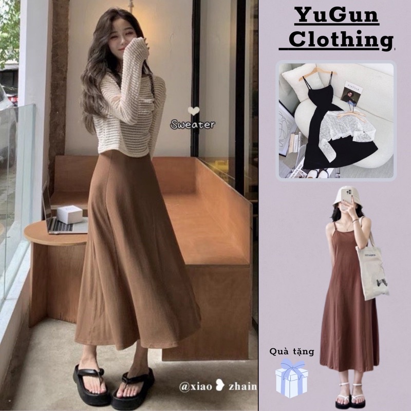 Set đầm midi 2 dây xoè + áo cardigan lưới cổ tròn tay dài chất xịn, tiểu thư 2 màu đen nâu phong cách hàn quốc