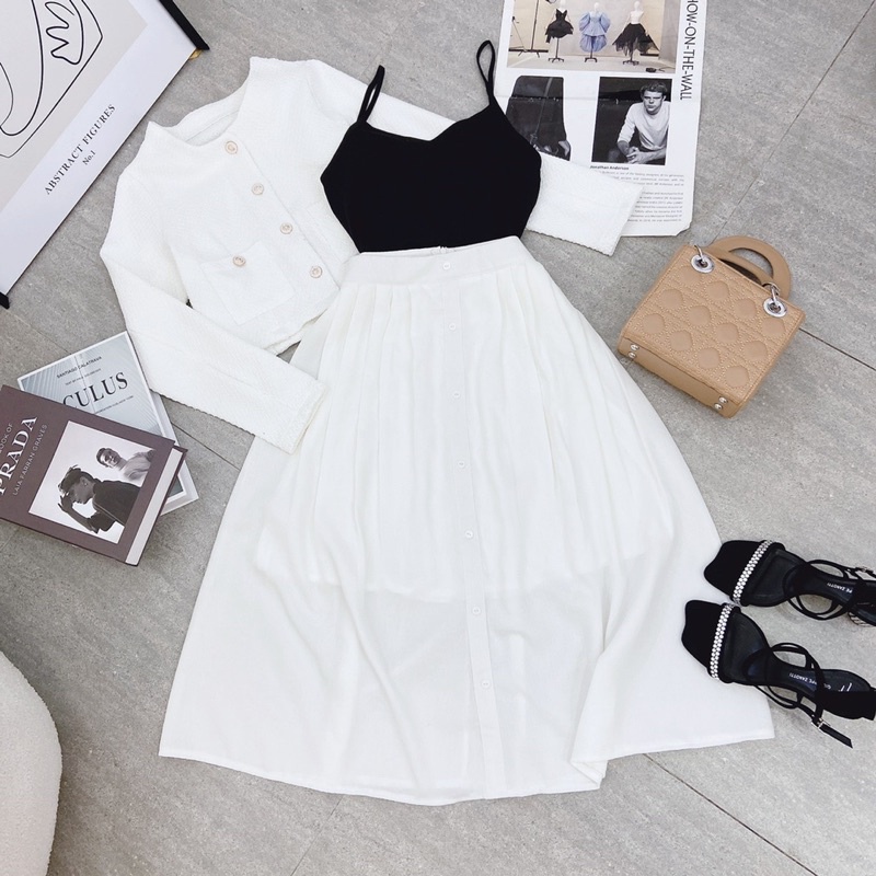 MS462 SET DẠ 3 MÓN : ÁO KHOÁC NÚT + ÁO LÓT ĐEN 2 DÂY + CHÂN VÁY MIDI