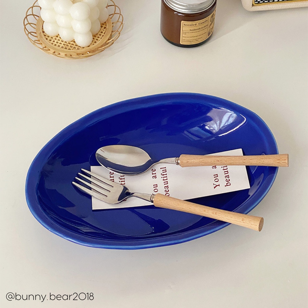 Đĩa sứ xanh ngọc elip phong cách Đông Âu sang trọng cao cấp