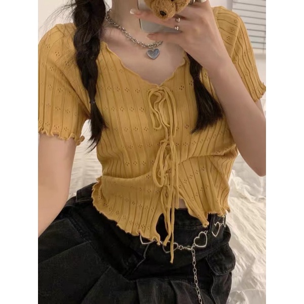 Áo len hè dây nơ vải len tăm phong cách ulzzang teen hàn quốc tôn body hot trend tiktok năng động