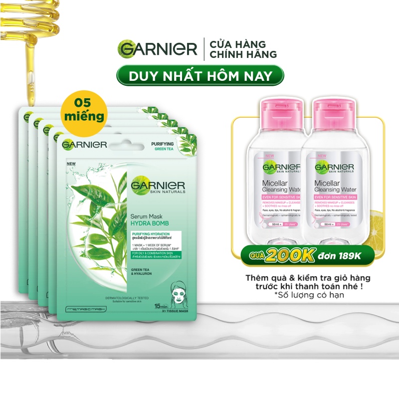 Bộ 5 mặt nạ tinh chất Trà xanh &amp; Hyaluron kiềm dầu Garnier Hydra Bomb Green Tea Mask