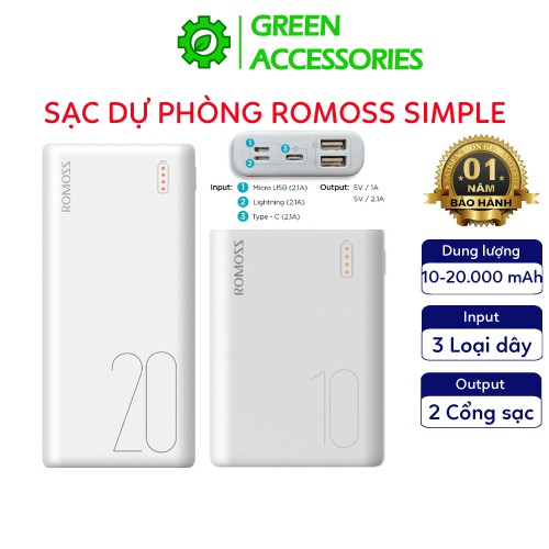 Pin sạc dự phòng Romoss Simple 20.000-10000mAh nhỏ gọn 3 cổng input - BH 12 Tháng Chính Hãng