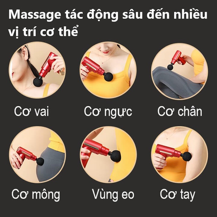 Súng massage cầm tay mini 4 đầu 6 chế độ, máy massage đấm lưng, mát xa cổ vai gáy thông minh