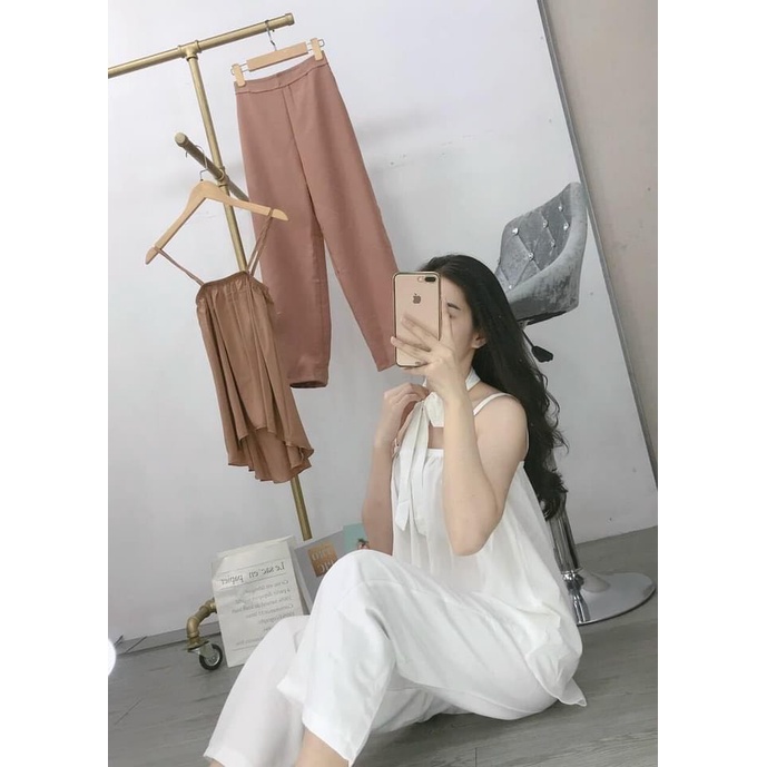 Set áo hai dây vải voan kèm quần dài cho nữ, mặc đi chơi, đi tiệc tùng, sự kiện, vải dày dặn, kèm dây cột làm điệu