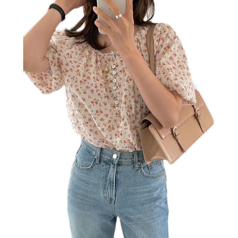 Áo Sơ Mi Hoa Tươi 165241 Áo Sơ Mi Ngắn Tay Cổ Tròn In Họa Tiết Hoa Thanh Lịch Thời Trang