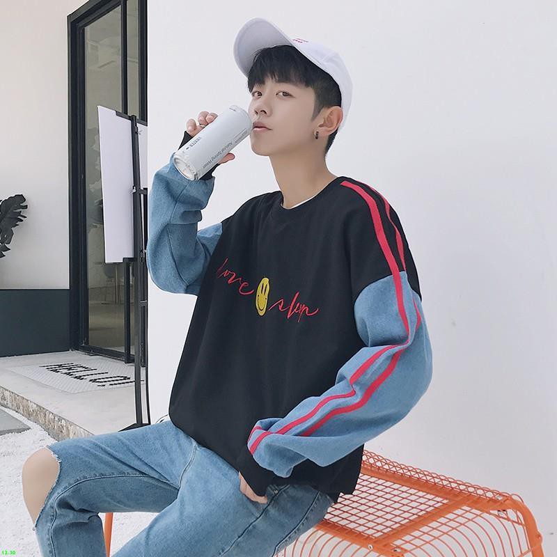 Áo Sweater Thêu Hình Mặt Cười Phối Màu Tương Phản Trẻ Trung Phong Cách Hàn Quốc Cho Nam Màu Sắc