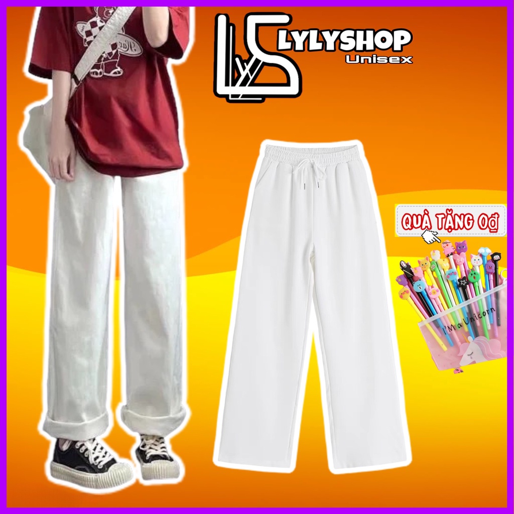 Quần ống rộng trắng LylyshopUnisex, kiểu quần dài ống suông rộng cho nữ cạp chun có dây rut lưng cao mặc đi học đi chơi