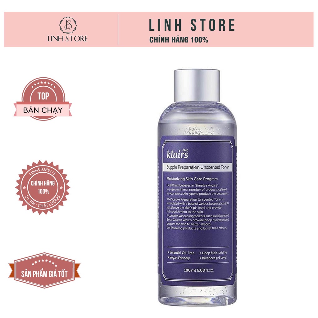 Nước Hoa Hồng Không Mùi Dành Cho Da Nhạy Cảm Klairs Supple Preparation Unscented Toner 180ml hàng Hàn chính hãng