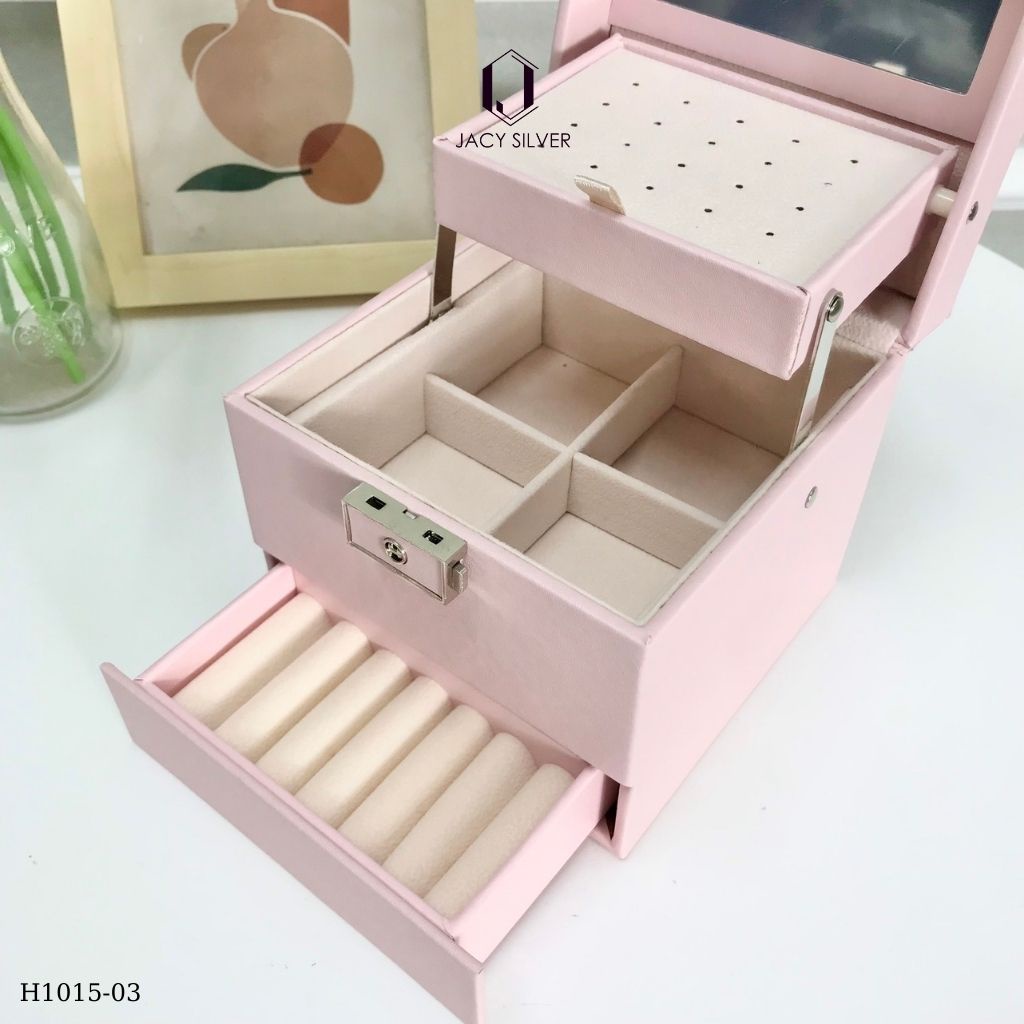 Hộp da đựng trang sức 3 tầng kèm gương, chống nước, hộp đựng nữ trang gọn gàng, tiện lợi H1015