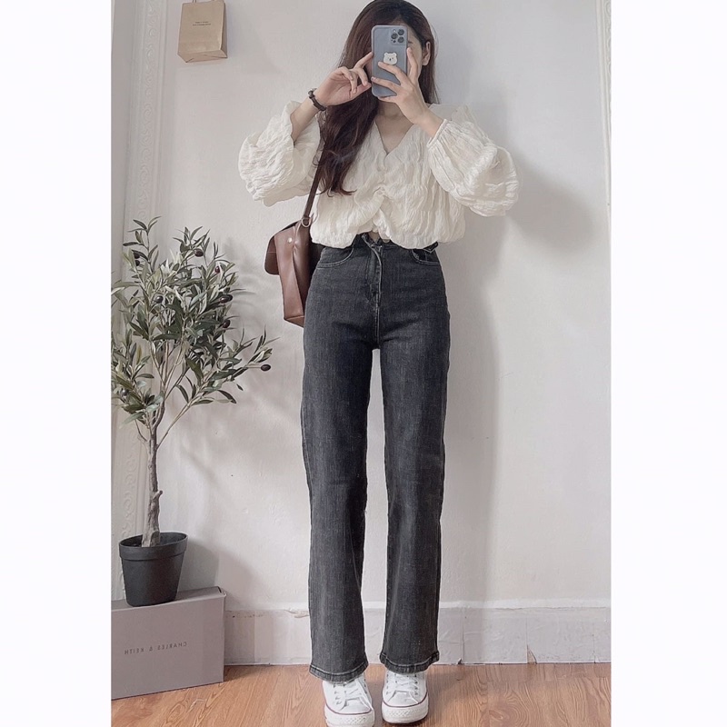 [Ảnh thật] Set áo cổ tim tay bồng mix short bo gấu ulzzang - set áo đũi xốp nhún ngực dài tay kèm quần đùi bo gấu