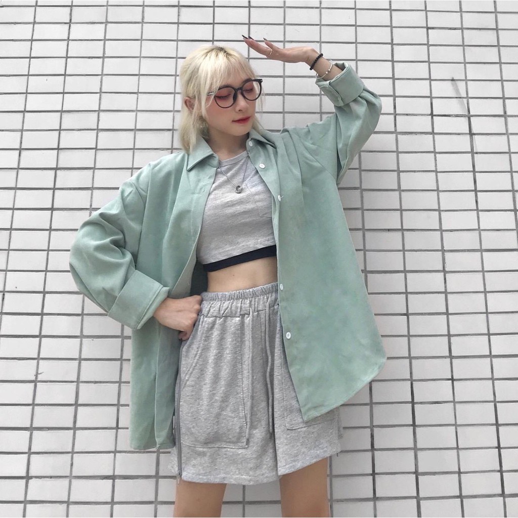 Áo sơ mi nữ tay dài Basic Trơn unisex form rộng