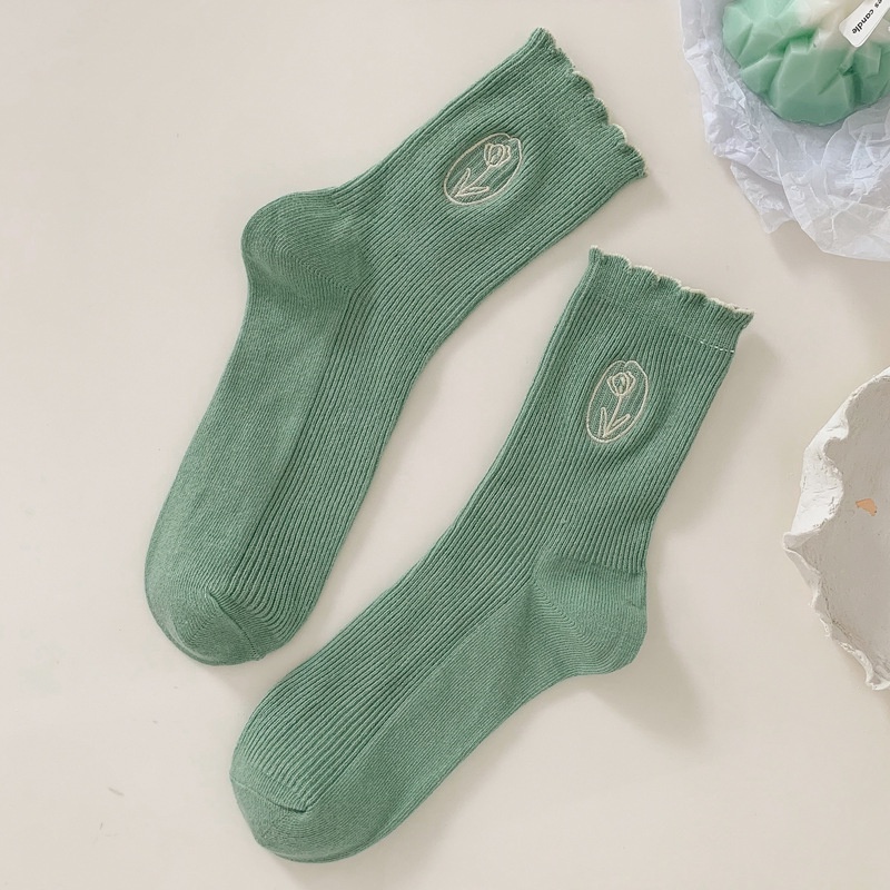 Đôi Vớ Cotton Màu Kem Thêu Hình Hoa Tulip Phong Cách Hàn Quốc Dành Cho Nữ