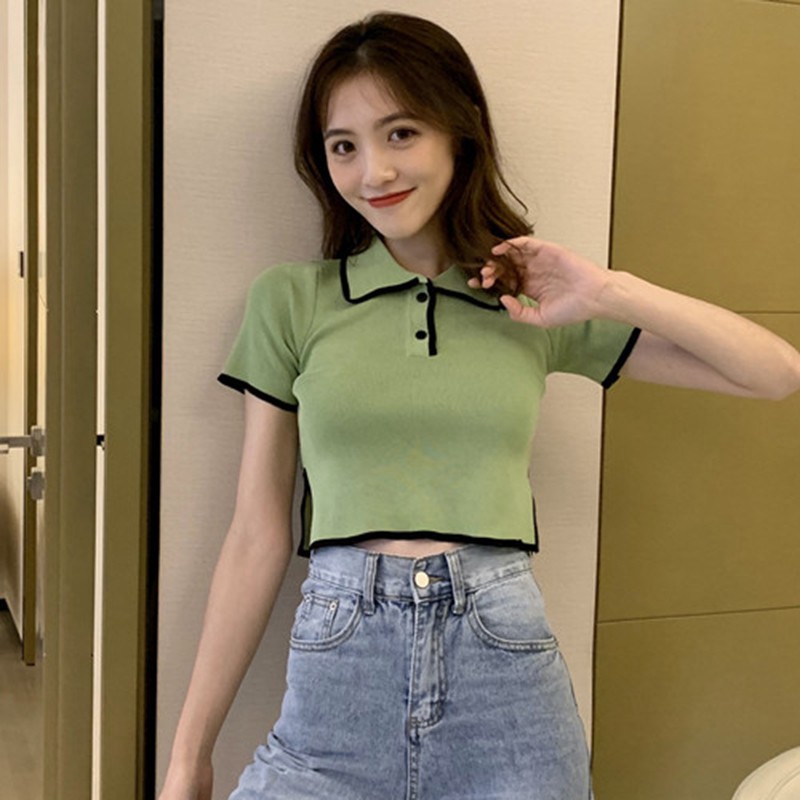 Áo Phông Áo Croptop Áo Thun Nữ Dệt Kim Ngắn Tay Cổ Tròn Màu Sắc Thời Trang